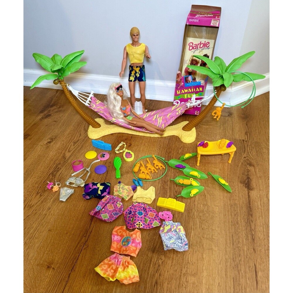 Vtg 1990 Barbie Hawaiian Fun Hammock Hideaway & Sun Sensation Lot Barbie Ken Box